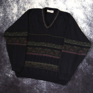 Vintage 90s Navy V Neck Aztec Grandad Jumper | Small