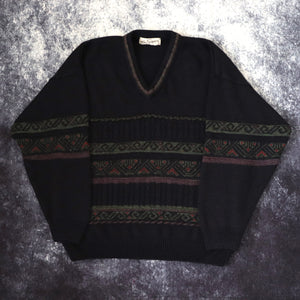 Vintage 90s Navy V Neck Aztec Grandad Jumper | Small