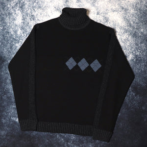 Vintage Black Argyle Turtle Neck Jumper | Medium