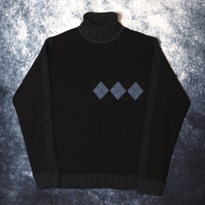 Vintage Black Argyle Turtle Neck Jumper | Medium