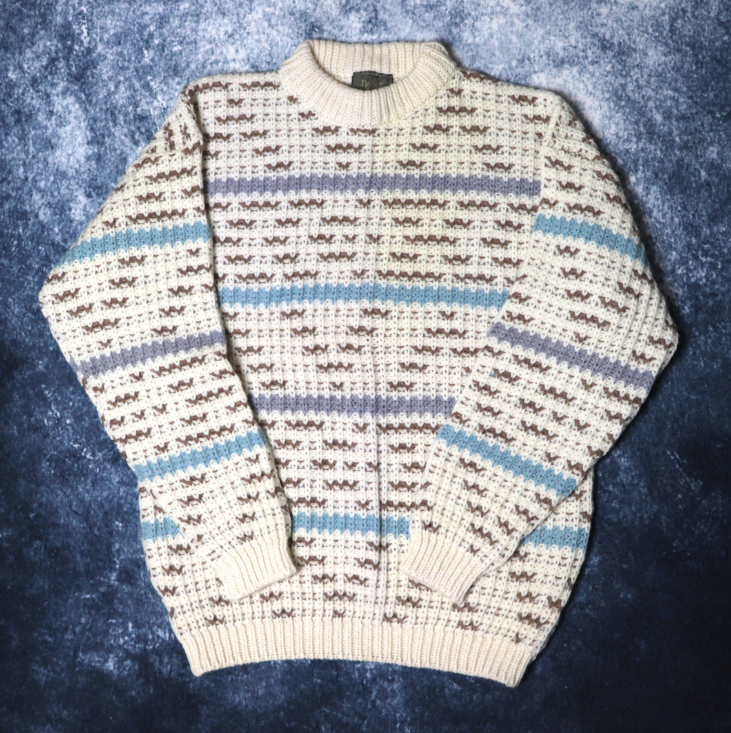 Vintage Cream Brown Blue & Purple Heavy Knit Grandad Jumper | Large