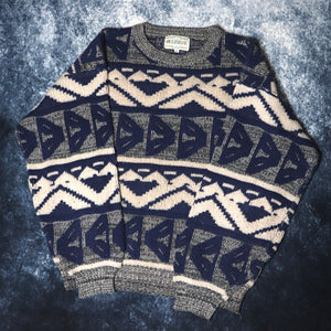 Vintage 90s Navy Grey & Beige Aztec Grandad Jumper | Large