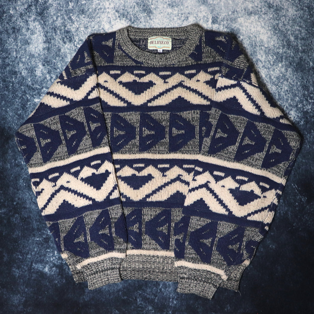 Vintage 90s Navy Grey & Beige Aztec Grandad Jumper | Large